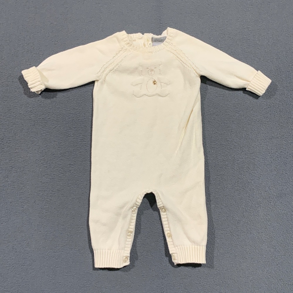 Tahari‎ Baby Ivory Cotton Knit Embroidered Bear Romper W/ Charm 6-9 Months White